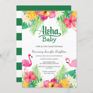 Invitación Verde  Tropical Flamingo Luau Baby Shower