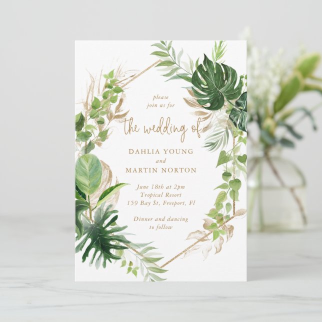 Invitación Verde tropical geométrico de oro Boda elegante (Anverso de pie)