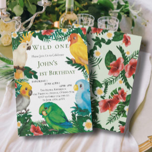 Invitación Verde Tropical Loros Exóticos Cumpleaños Salvaje U