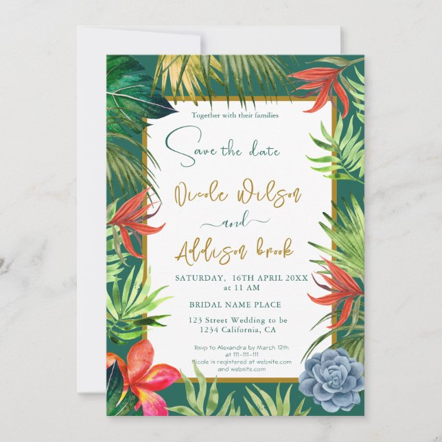 Invitación Verde tropical palma oro script (Anverso)