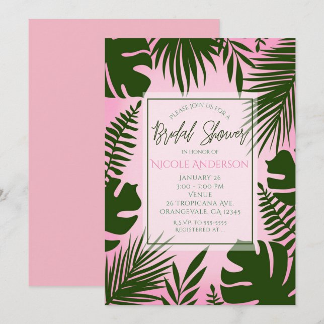 Invitación Verde tropical rosado deja ducha de novia de veran (Anverso / Reverso)