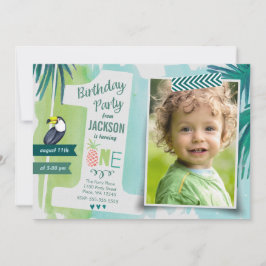 Invitación Verde tropical y azul Niño de acuarela de la selva