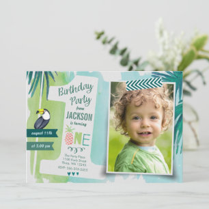 Invitación Verde tropical y azul Niño de acuarela de la selva