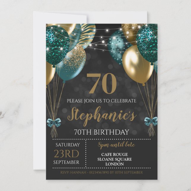 Invitación verde turquesa dorada 70º aniversario (Anverso)