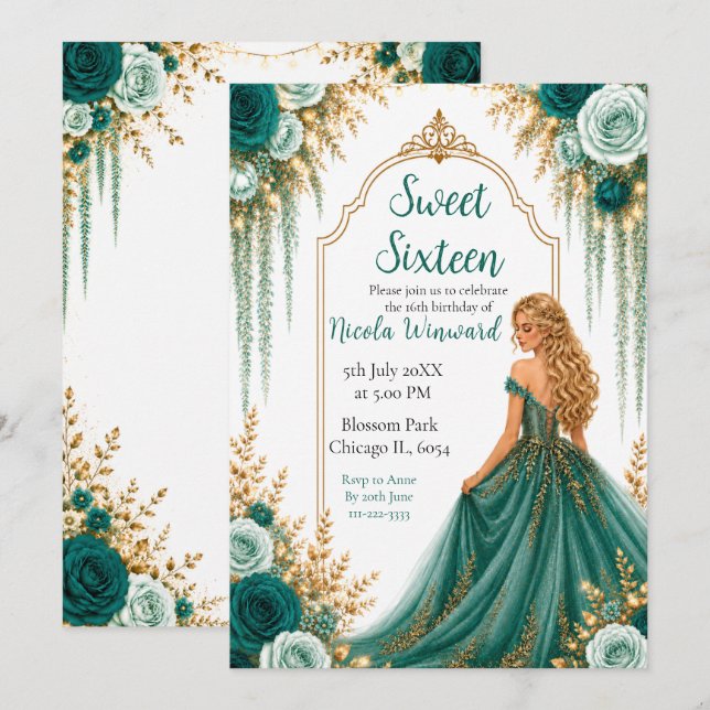 Invitación Verde Turquesa Profundo y Floral Dorado Cumpleaños (Anverso / Reverso)