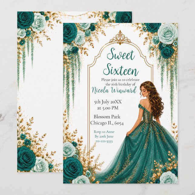 Invitación Verde Turquesa Profundo y Floral Dorado Cumpleaños (Anverso / Reverso)