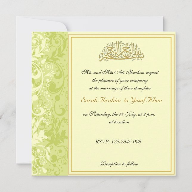 Invitación Verde y boda musulmán del brocado del oro (Anverso)
