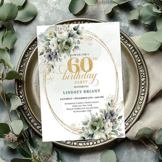 Invitación verde y dorada de cumpleaños botánico n (Botanical 60th Birthday Green And Gold Invite

)