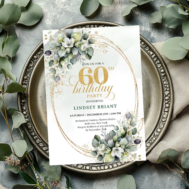 Invitación verde y dorada para el 60 cumpleaños de (Eucalyptus 60th Birthday Green And Gold Invite

)