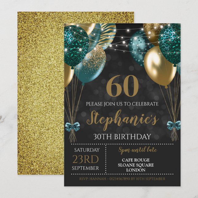 Invitación verde y dorado 60º cumpleaños (Anverso / Reverso)