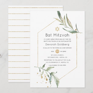 Invitación Verde y dorado brillo geométrico Bat Mitzvah