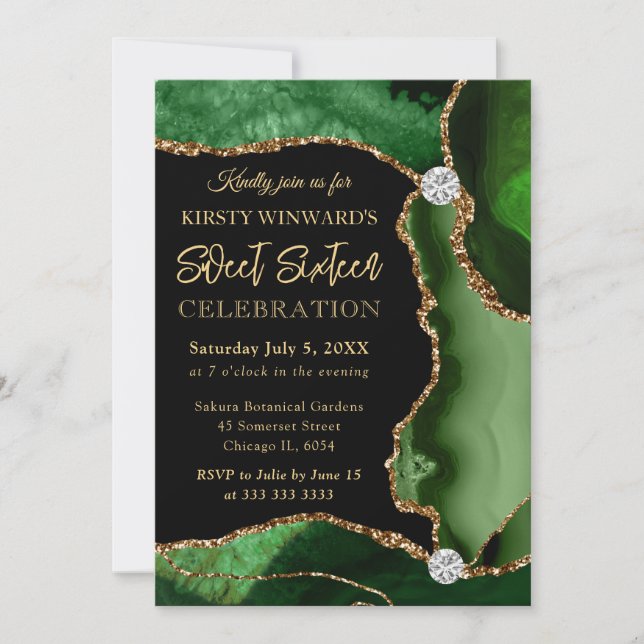 Invitación Verde y Dorado Falso Brillo Ágata Dulce 16 (Anverso)