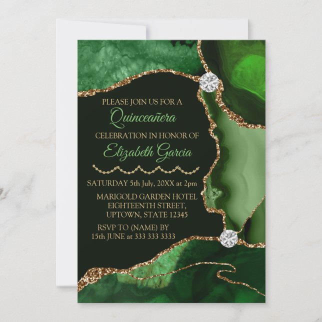 Invitación Verde y Dorado Falso Brillo Ágata Quinceañera (Anverso)