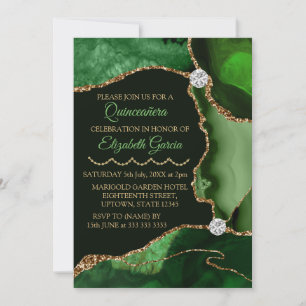 Invitación Verde y Dorado Falso Brillo Ágata Quinceañera