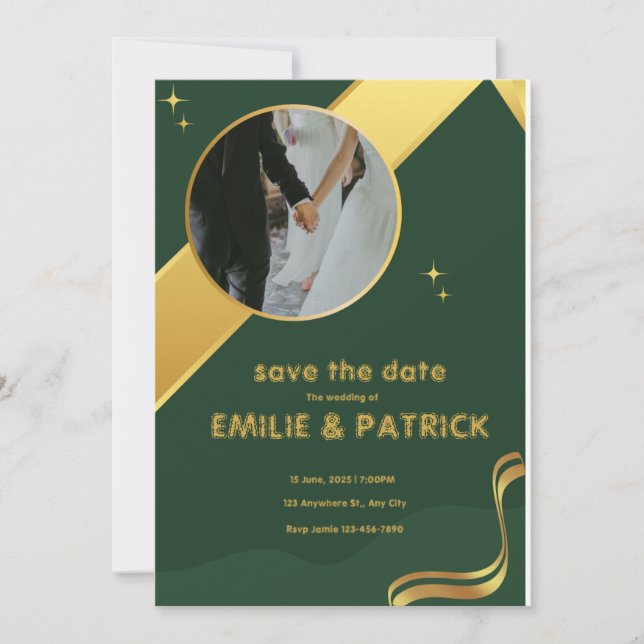 Invitación Verde y Dorado Simple Salva la Fecha (Anverso)