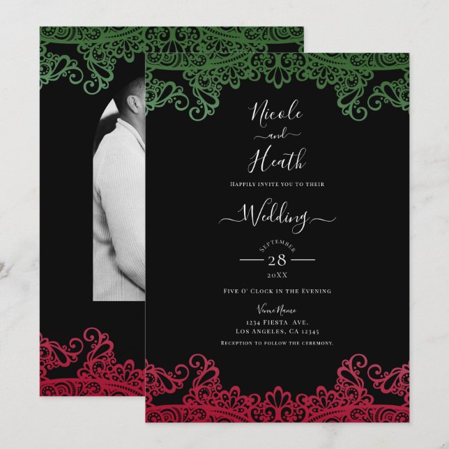 Invitación Verde y encaje rojo Elegante Fiesta Boda Negra   (Anverso / Reverso)