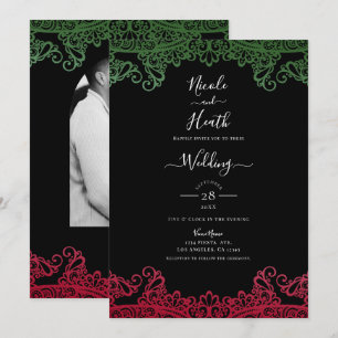 Invitación Verde y encaje rojo Elegante Fiesta Boda Negra  