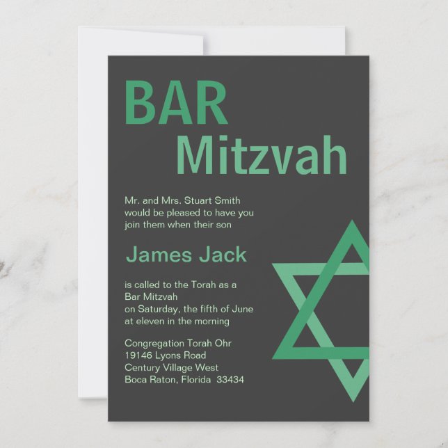 Invitación Verde y gris modernos de Mitzvah Invitiation- de (Anverso)