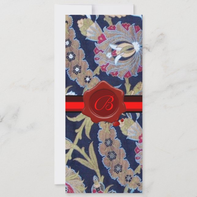 INVITACIÓN VERDE Y NEGRO DAMASCO AZUL, SELLO DE LACA ROJO MON (Anverso)