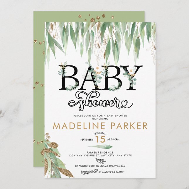Invitación Verde y oro | Baby Shower neutro en género (Anverso / Reverso)