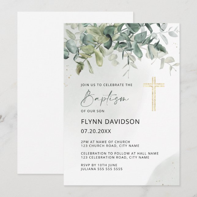 Invitación Verde y Oro Cruz Verde Bautismo Christening (Anverso / Reverso)