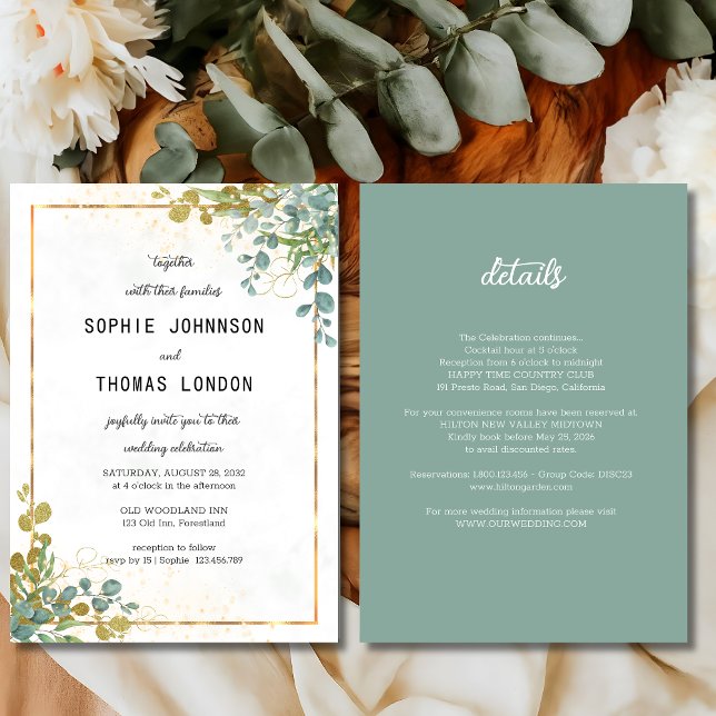 Invitación Verde y oro Todo en un eucalipto acuarela (Subido por el creador)