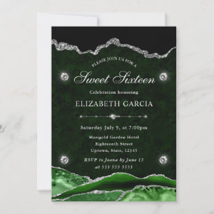 Invitación Verde y Plata Brillo Ágata Dulces Dieciséis
