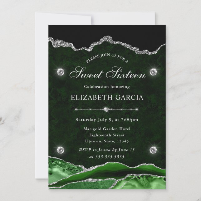 Invitación Verde y Plata Brillo Ágata Dulces Dieciséis (Anverso)