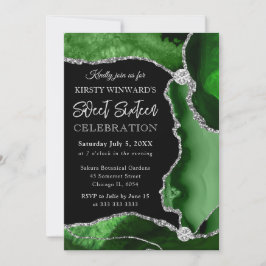 Invitación Verde y Plata Falso Brillo Ágata Dulces 16