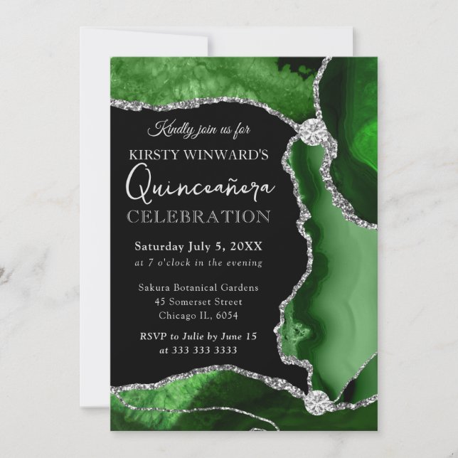 Invitación Verde y Plata Falso Brillo Agata Quinceanera (Anverso)