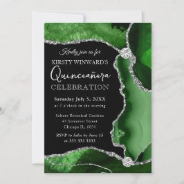 Invitación Verde y Plata Falso Brillo Agata Quinceanera