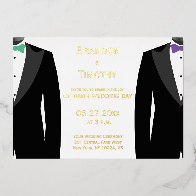 Invitación verde y púrpura Boda gay Relieve metali (Anverso)