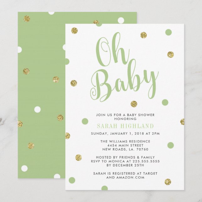 Invitación Verde y purpurina oh Baby Shower del oro (Anverso / Reverso)