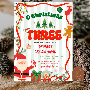 Invitación Verde y Rojo Retro O Navidad Tres Cumpleaños