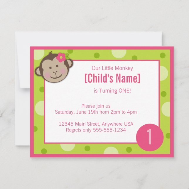 Invitación verde y rosada 4,2 del chica del mono (Anverso)