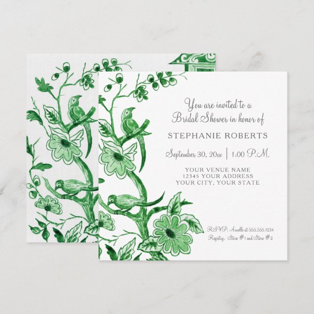 Invitación Verdes Chinoiserie Floral Watercolor Bridal Shower (Anverso / Reverso)