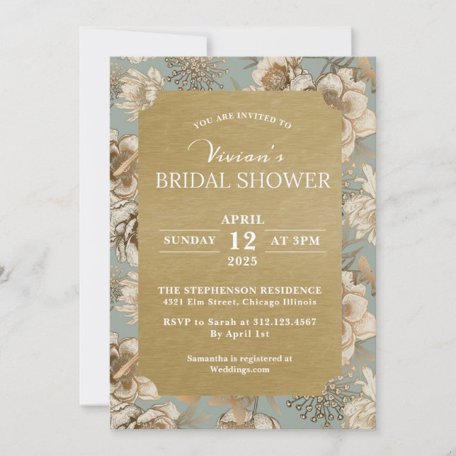 Invitación Verdes Chinoiserie Floral y Bird Bridal Shower (Anverso)