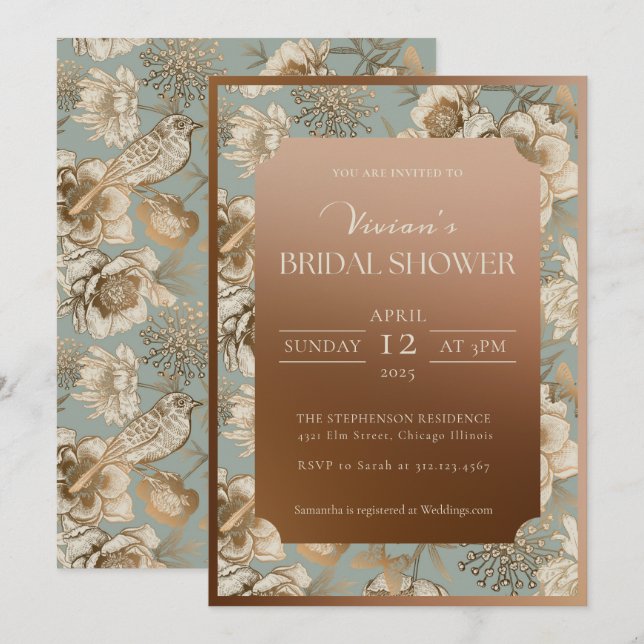 Invitación Verdes Chinoiserie Floral y Bird Bridal Shower (Anverso / Reverso)