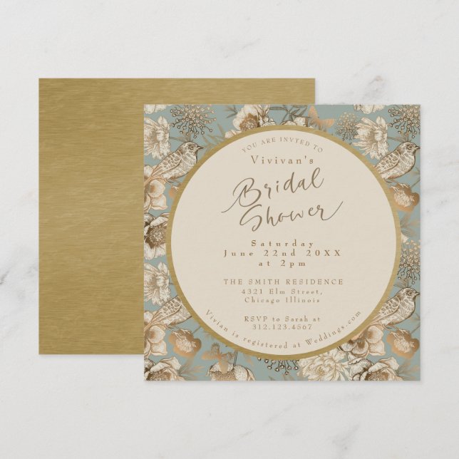Invitación Verdes Chinoiserie Floral y Bird Bridal Shower (Anverso / Reverso)