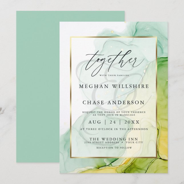 Invitación Verdes vibrantes y dorados Bodas modernos de tinta (Anverso / Reverso)