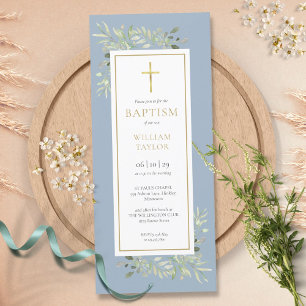 Invitación Verdor acuarela Bautizo Cristiandad Azul polvorien