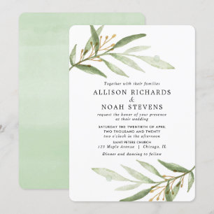 Invitación Verdor acuarela hojas de oro verde boda