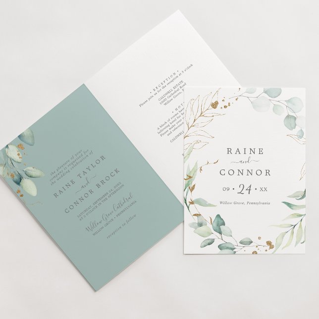Invitación Verdor aéreo y Boda plegado formal de hoja de oro (Subido por el creador)
