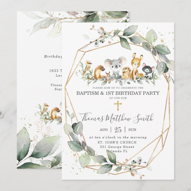 Invitación Verdor Animales australianos bautismo y primer cum (Anverso / Reverso)