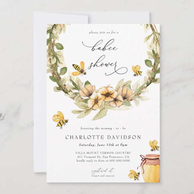 Invitación Verdor Baby Shower de primavera de abejas florales (Anverso)