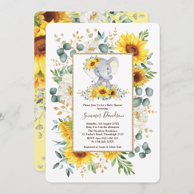 Invitación Verdor Baby Shower del elefante de los girasoles (Anverso / Reverso)