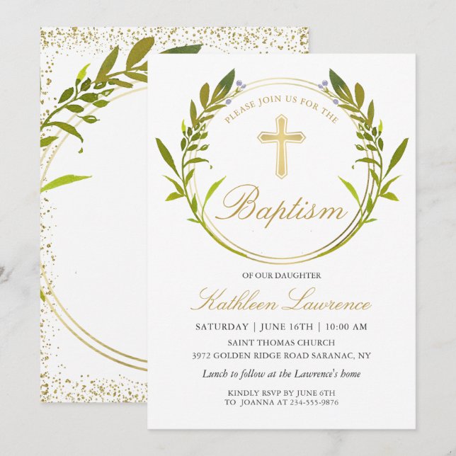 Invitación Verdor Baptismo de la cruz de oro de Wreath Chica (Anverso / Reverso)