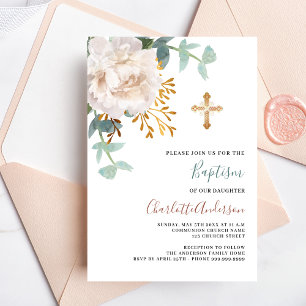 Invitación Verdor blanco floral oro cruza bautismo