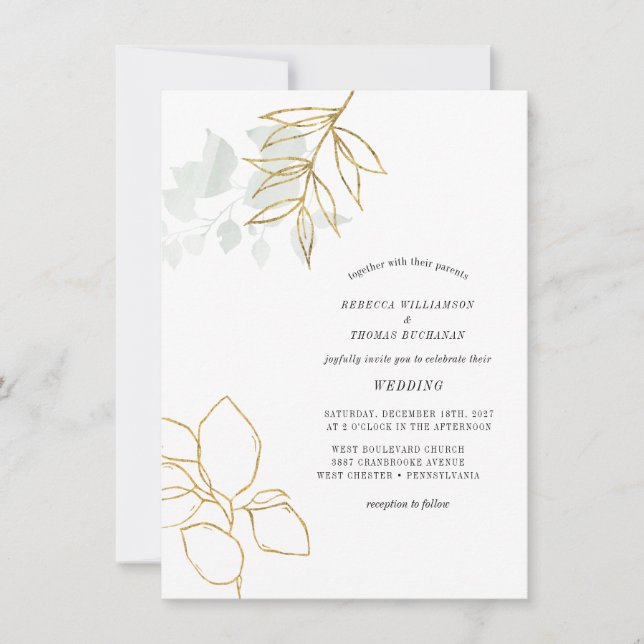 Invitación Verdor Boda de la hoja de oro de Faux Botanical (Anverso)