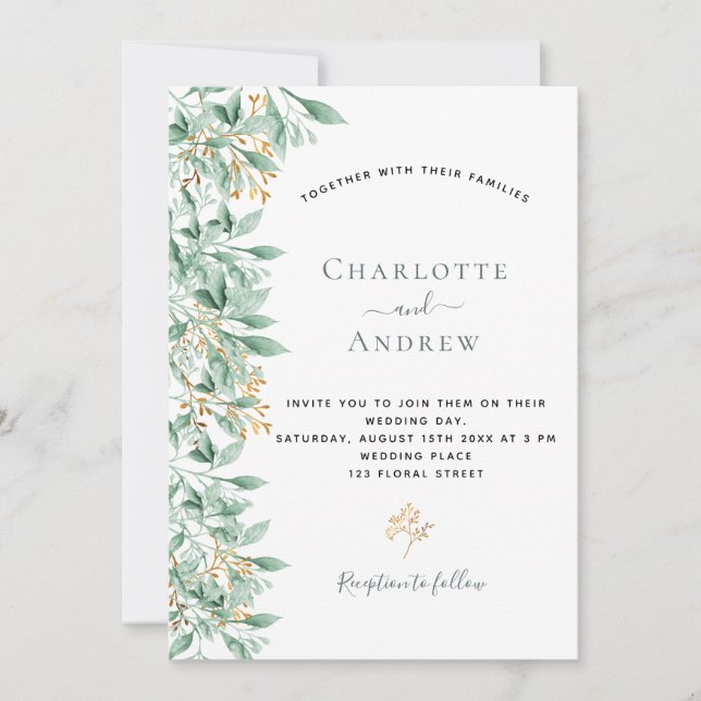Invitación Verdor boda de oro verde salchicha botánico (Anverso)